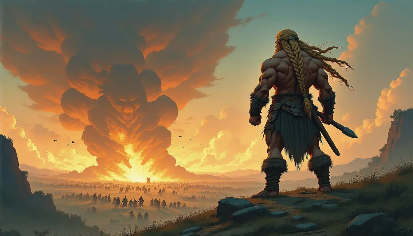 Barbarian Hero Surveys Epic Battle Scene In Fantasy Art Styl...