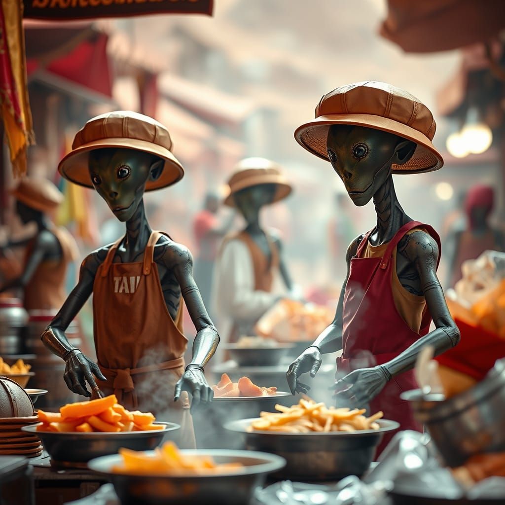 Martian Food Vendors in Colorful Marketplace