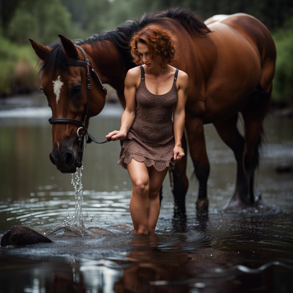 Woman and Horse in Rainy Stream
