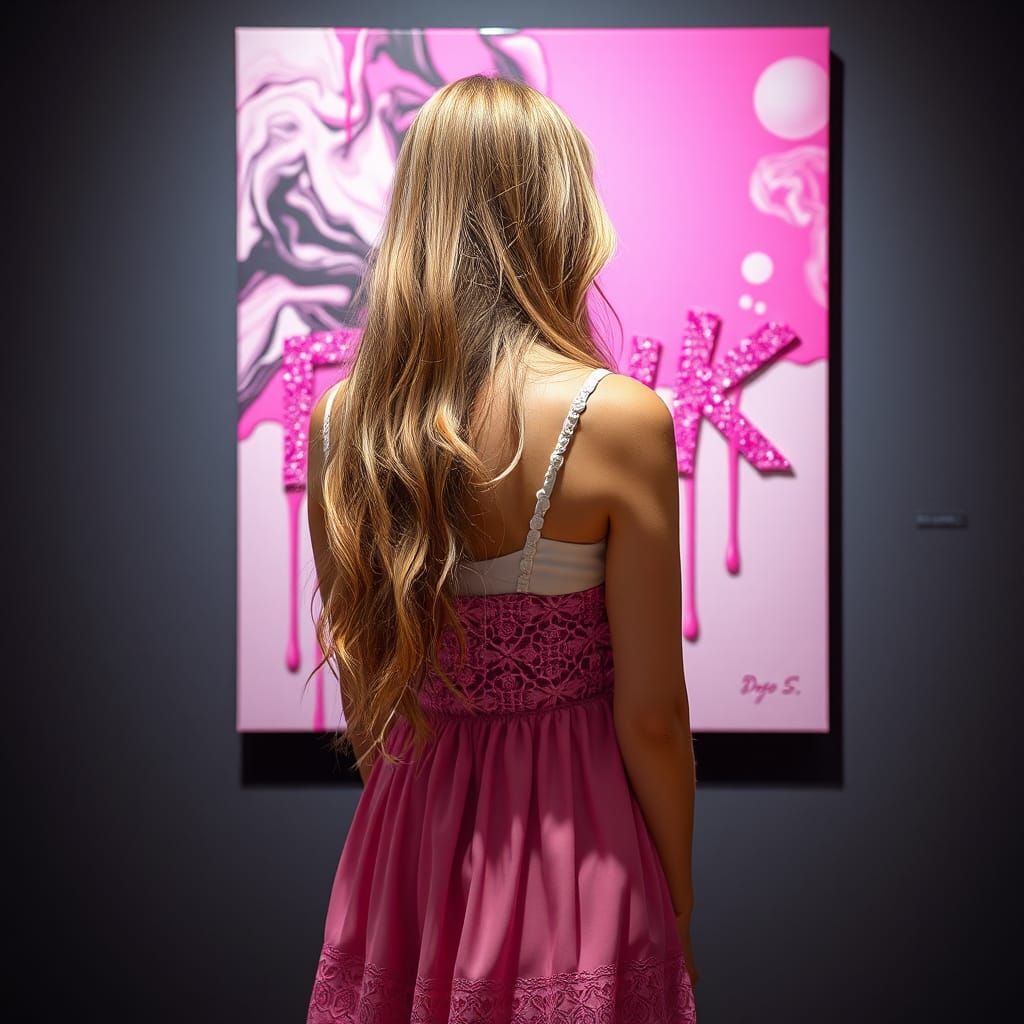 Woman in Pink Dress Views Pink Art