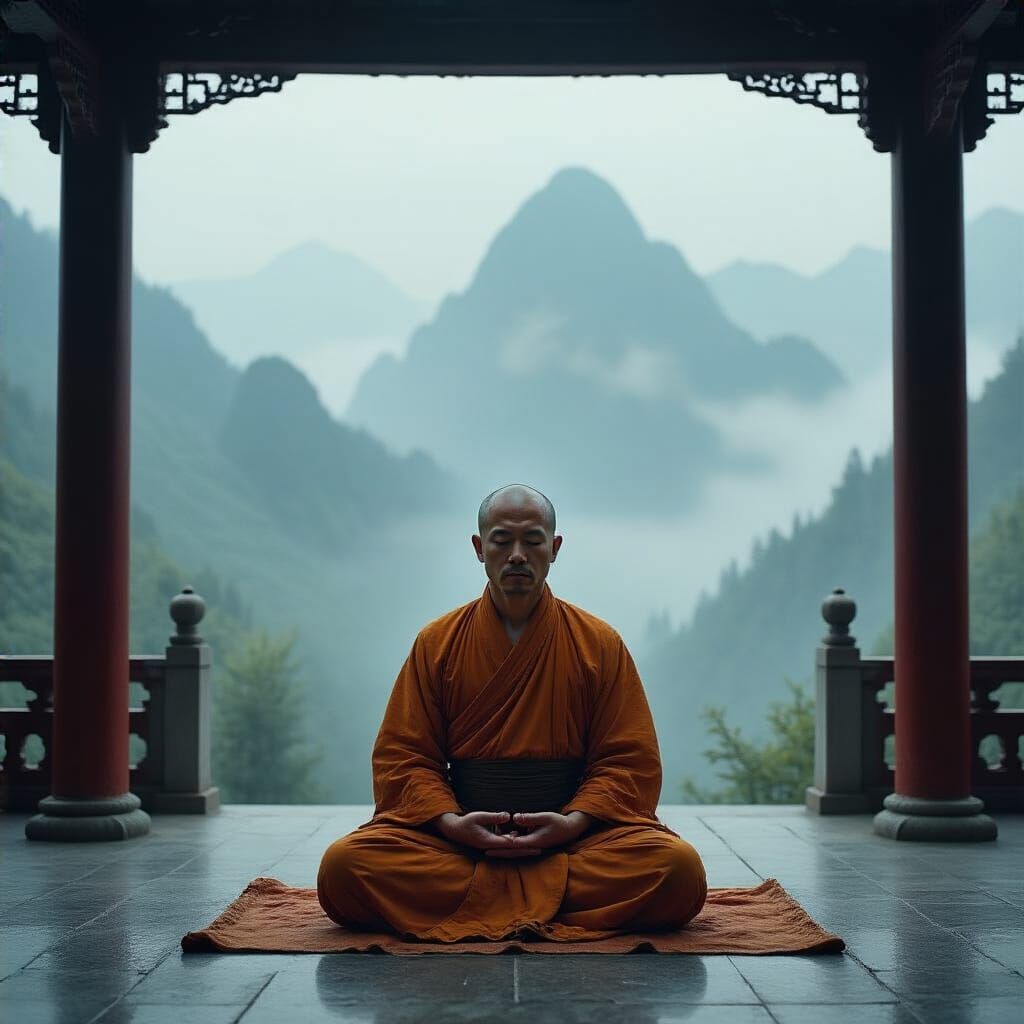 Shaolin Monk Meditates in Misty Mountains