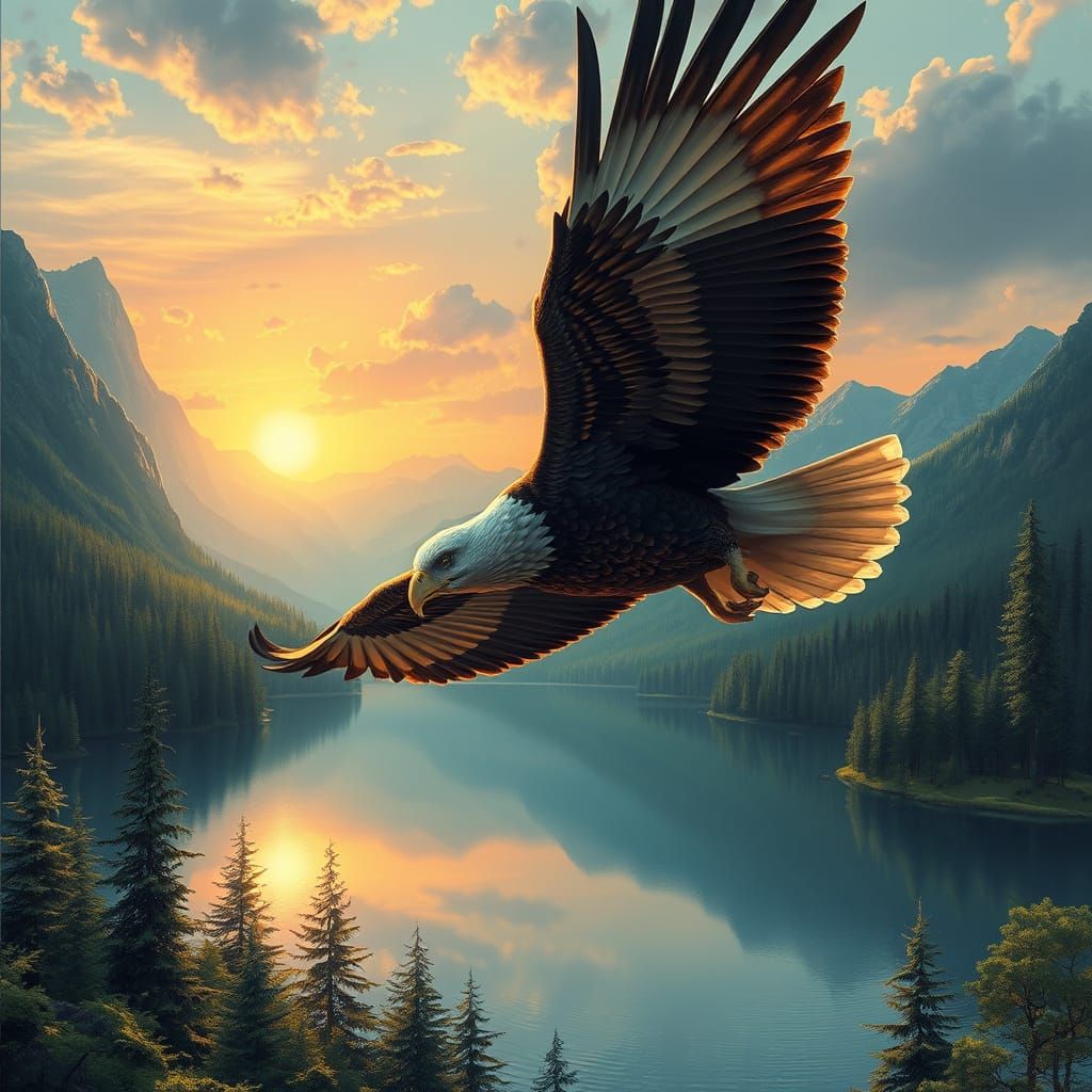 Eagle Soaring Over Lake: A Surreal Landscape