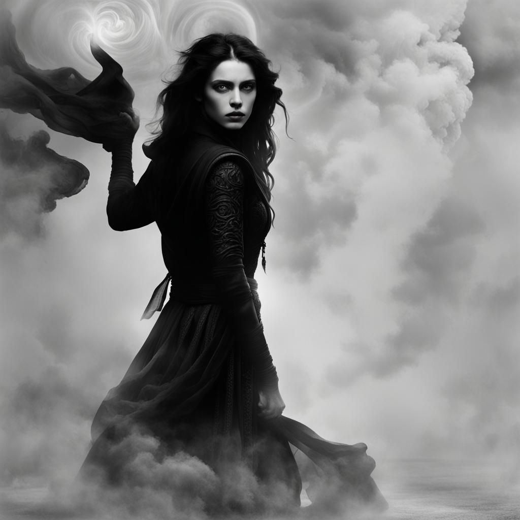 Gothic Model Among Ancient Ruins in Amber Light