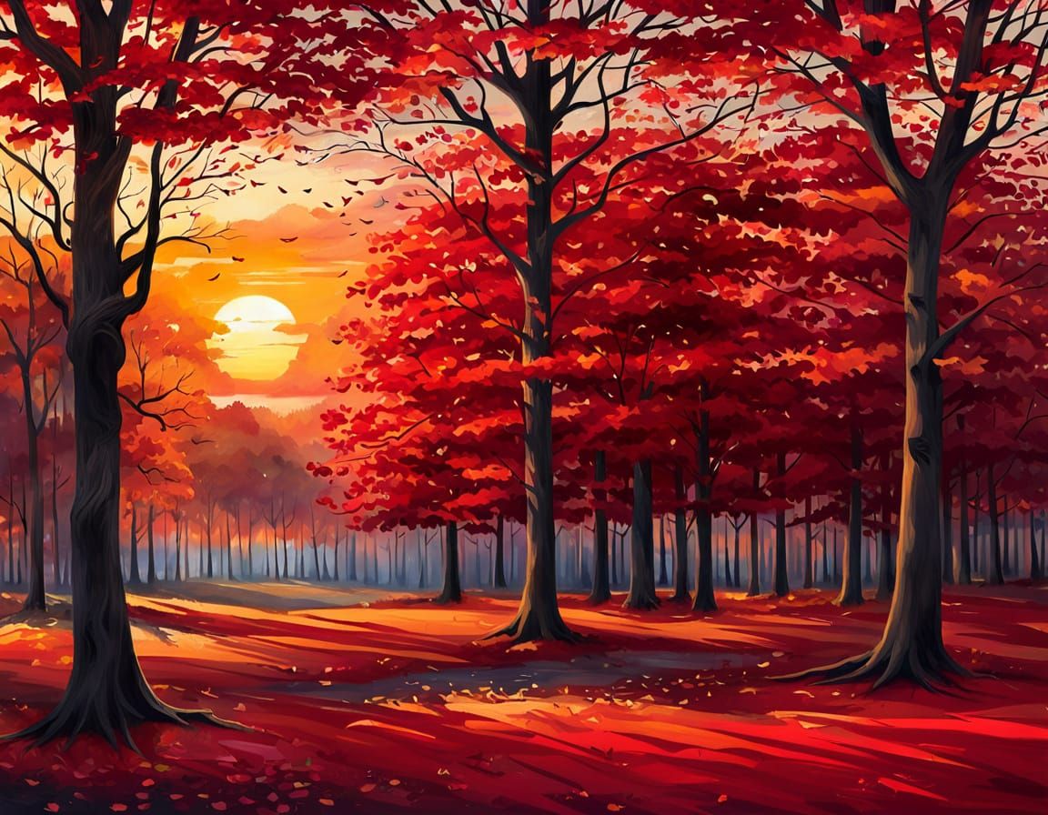 Vibrant Crimson Autumn Trees at Sunset