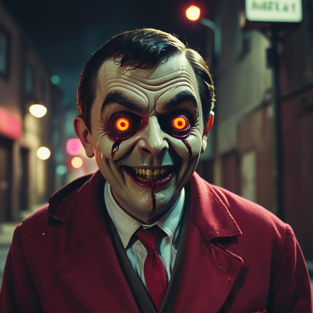 Creepy Ghostface Mr. Bean Hybrid in 80s Horror Style