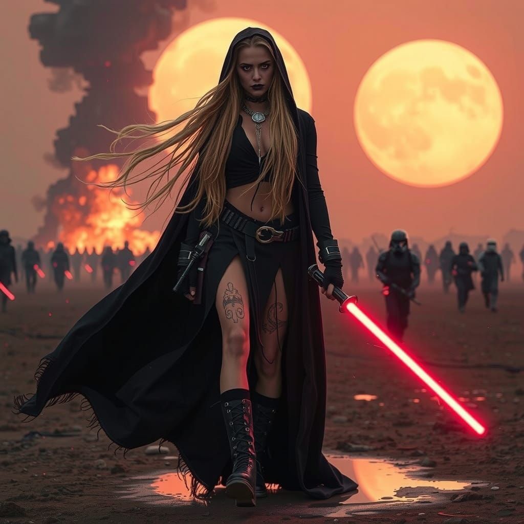 Surreal Dark Fantasy Goddess Wields Red Lightsaber in Battle