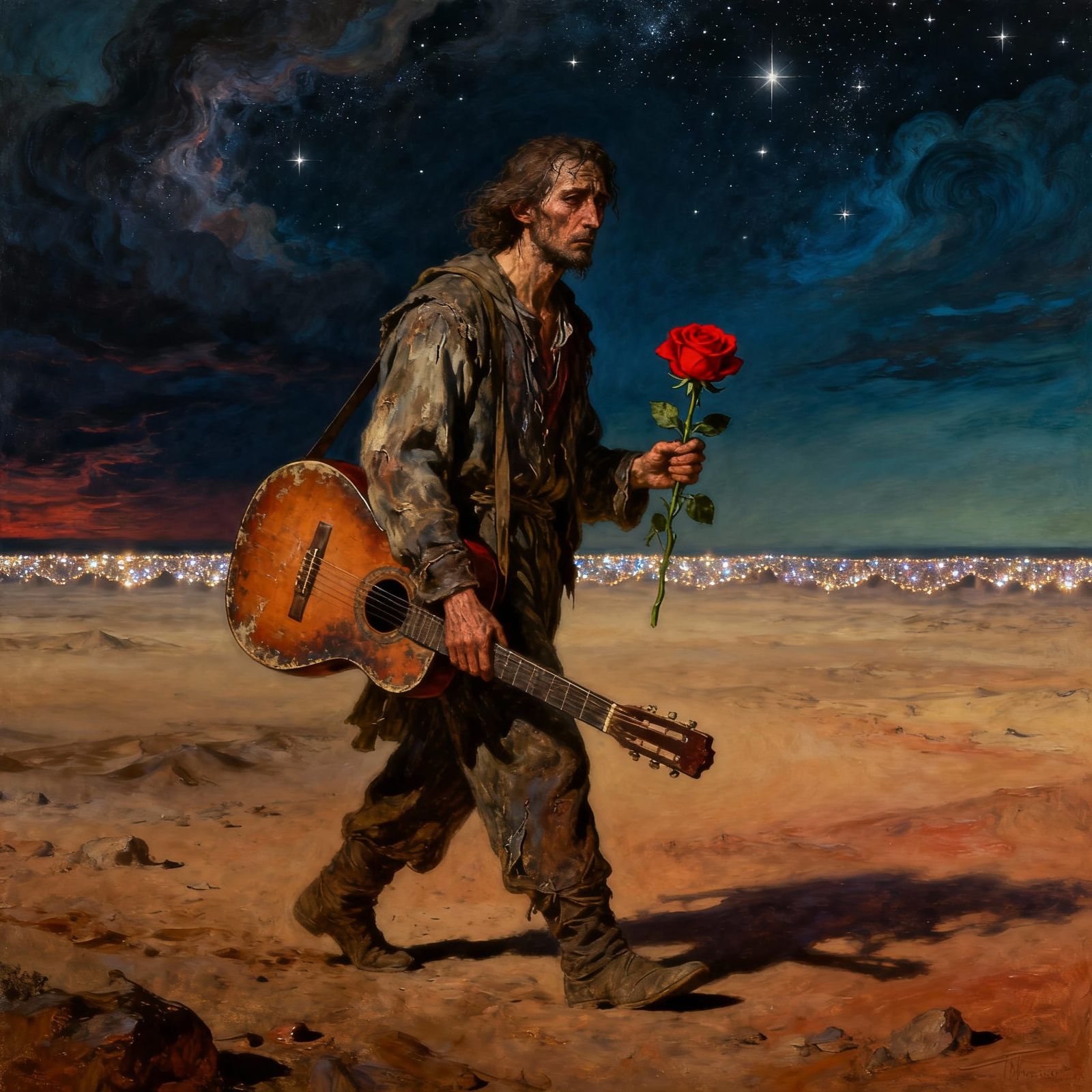 Lone Traveler with Guitar and Rose in Surreal Landscape