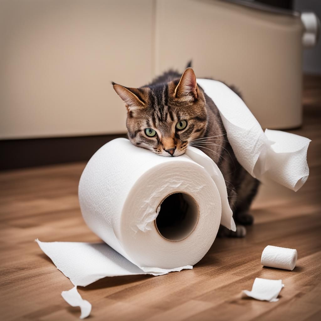 Cat Amused with Toilet Paper Roll