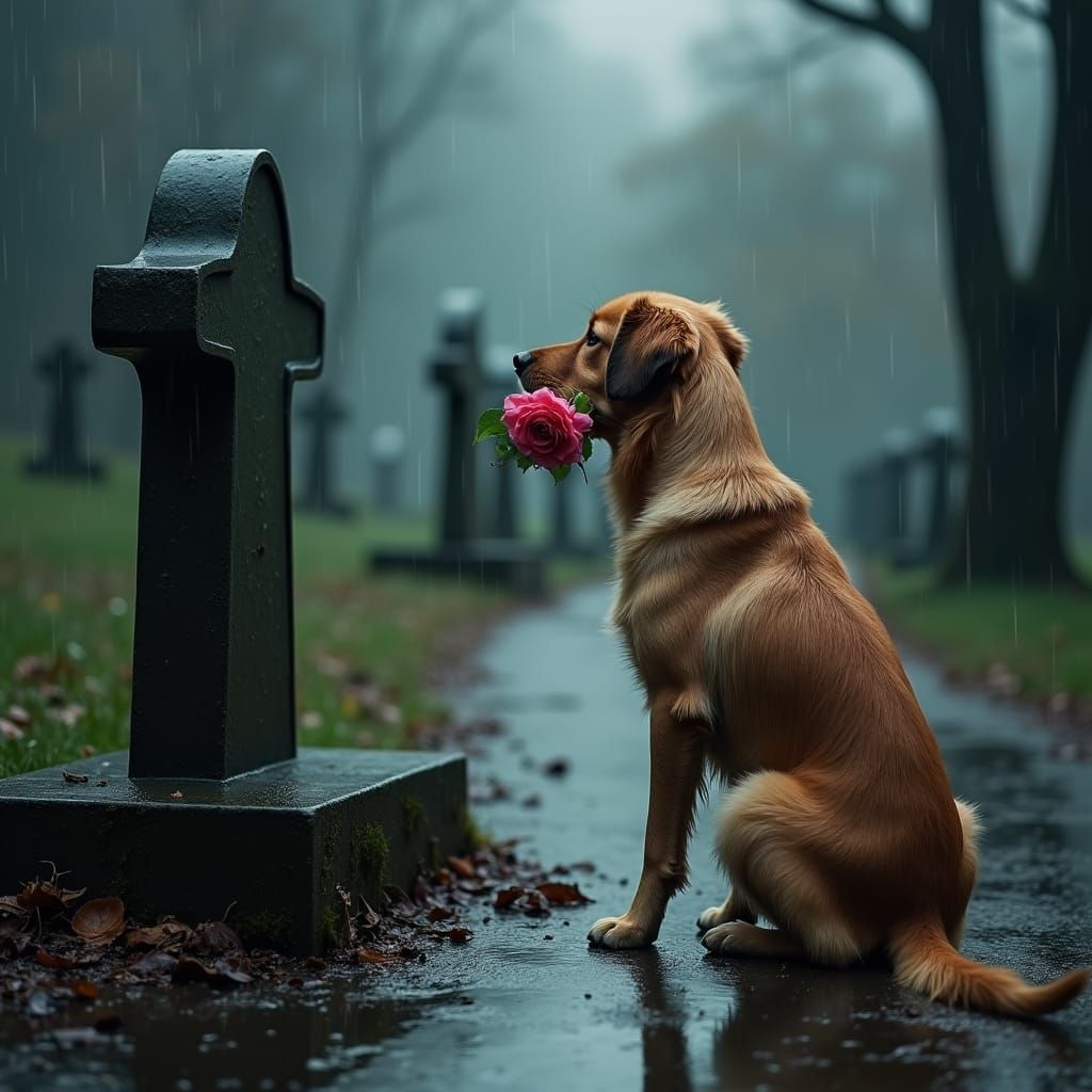 Dog's Rainy Vigil: Arthur Rackham-Inspired Memorial