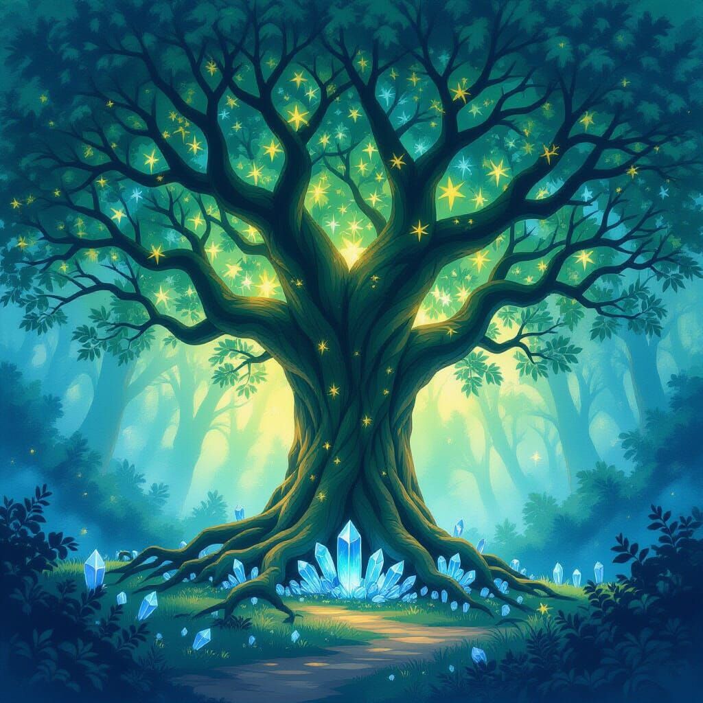 Ancient Bioluminescent Tree in Mystical Forest Clearing