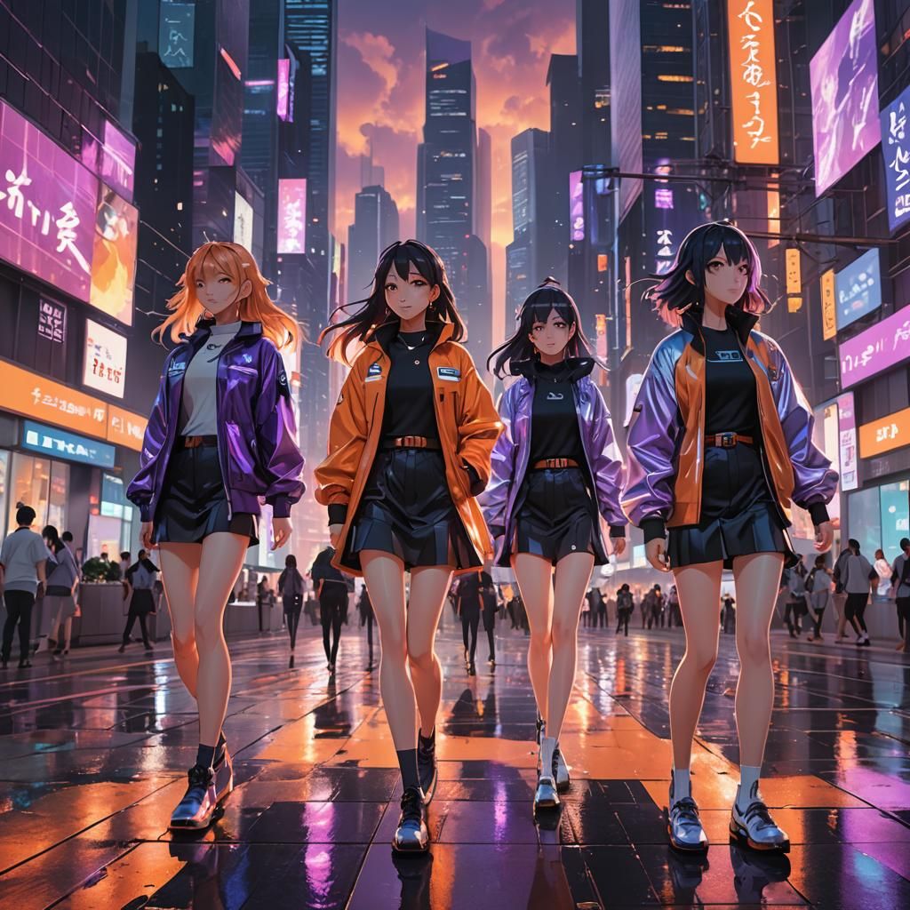 Friends in Futuristic City: 3D Anime Art
