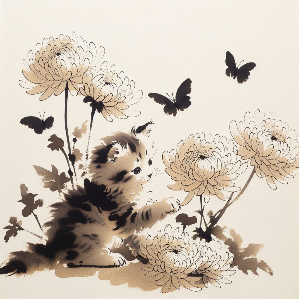 Kitten with Butterflies in Sumi-e Style