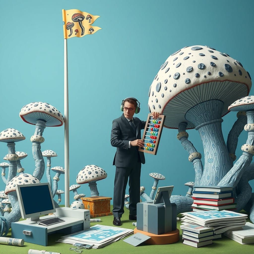 Blue and White Linocut-Inspired Mushroom Amidst Whimsical Bu...