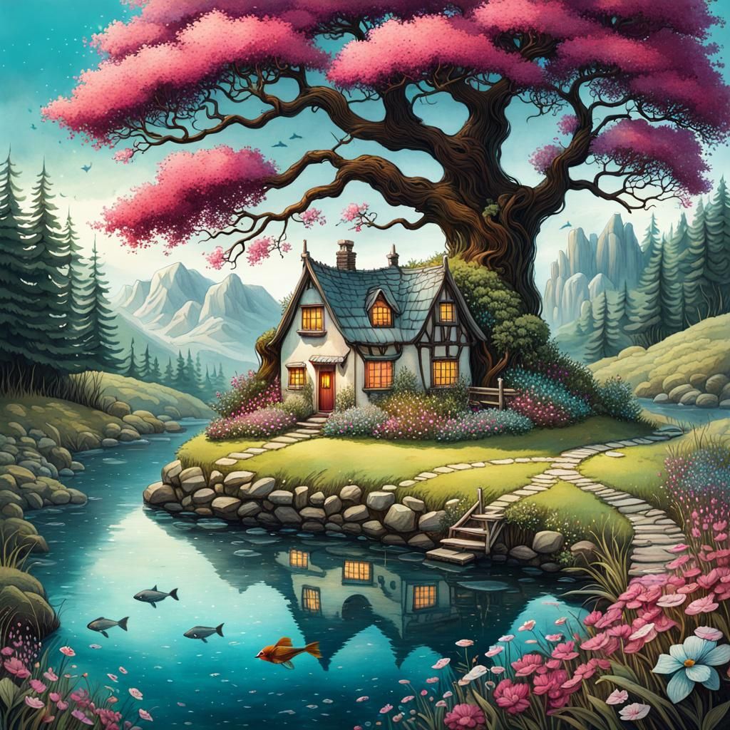 Summer Cottage Landscape in Watercolor Art Brut Style