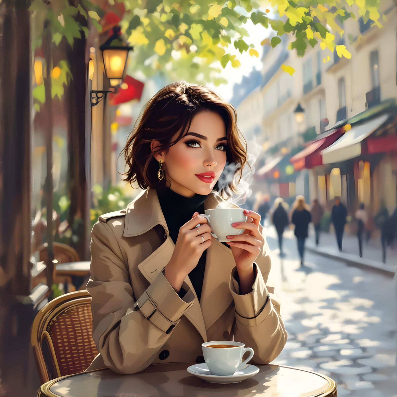 Woman Enjoys Coffee at Parisian Cafe
