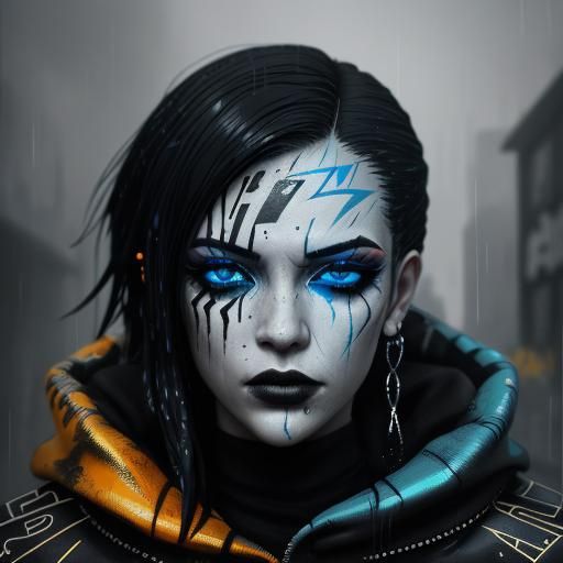 Cyberpunk Goth Model in Rain and Fog