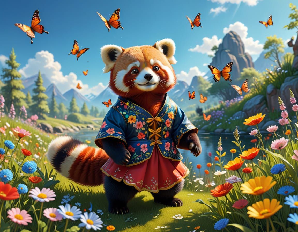 Red Panda in Folk Costume Amidst Flowers