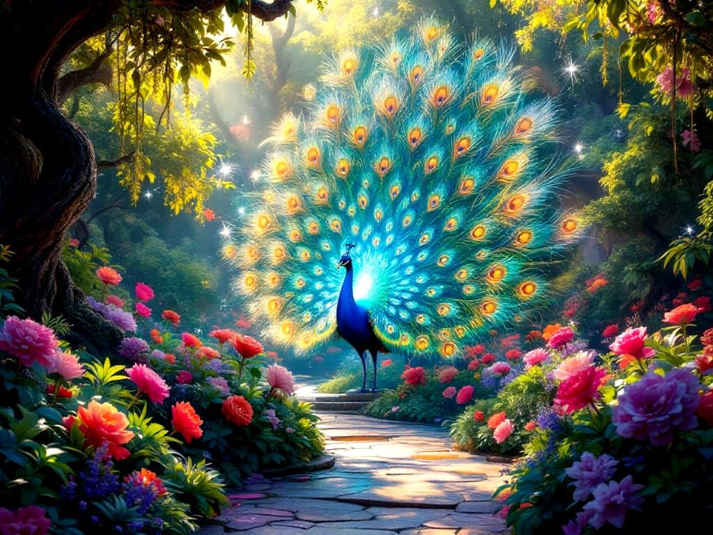 Majestic Peacock Resplendent in Lush Garden Wonderland