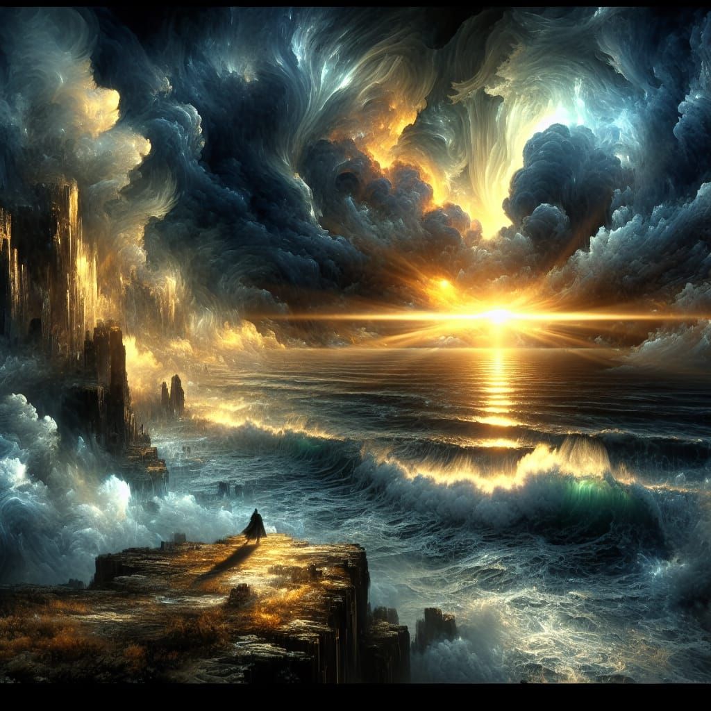 Stormy Sunrise Over Rugged Cliff: Fantasy Concept Art