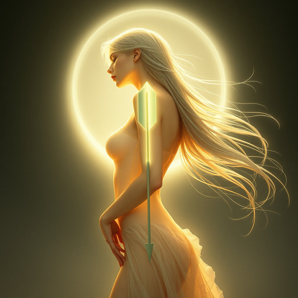 Ethereal Woman Pierced by Glowing Arrow in Biomechanical Sty...