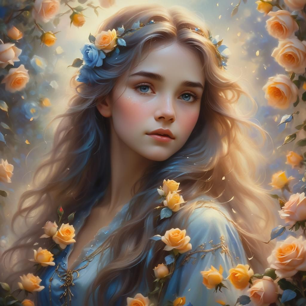 Ethereal Woman Surrounded by Blue Roses as Oil Painting