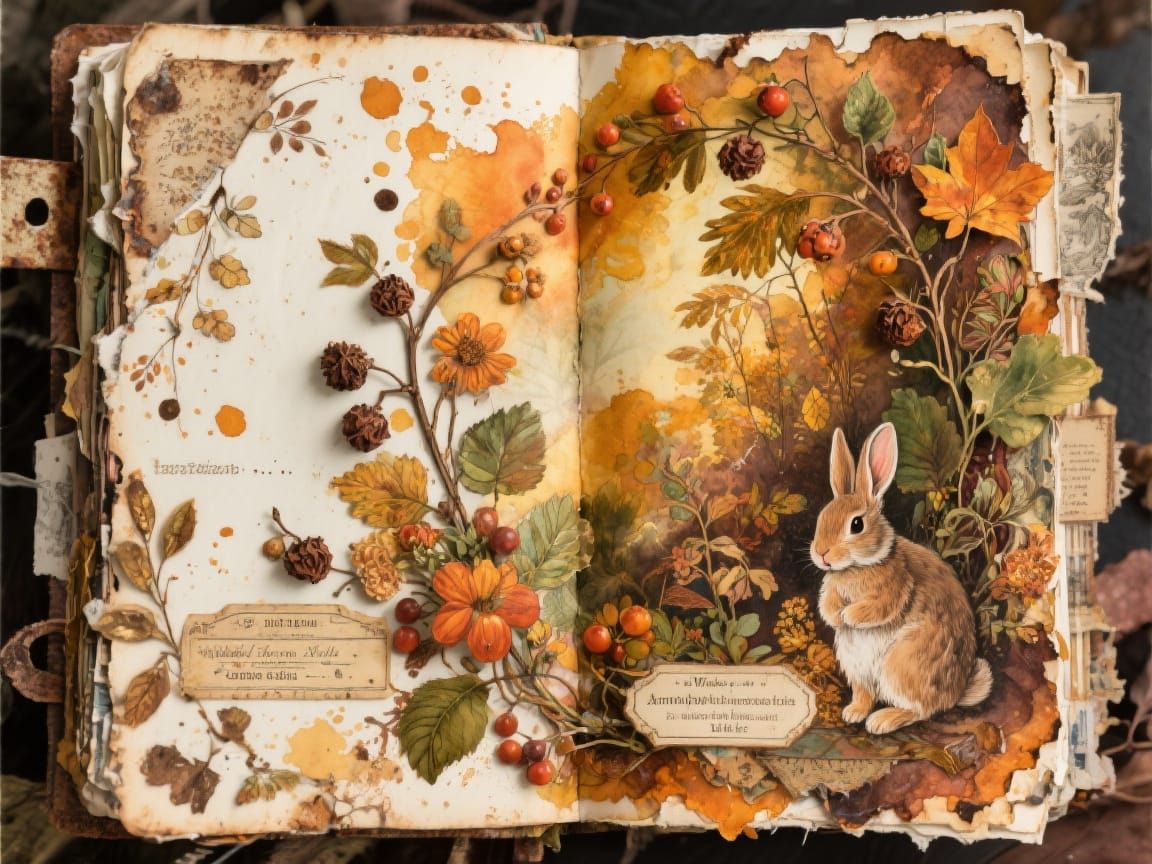 Autumn Junk Journal Page with Bunnies and Botanicals