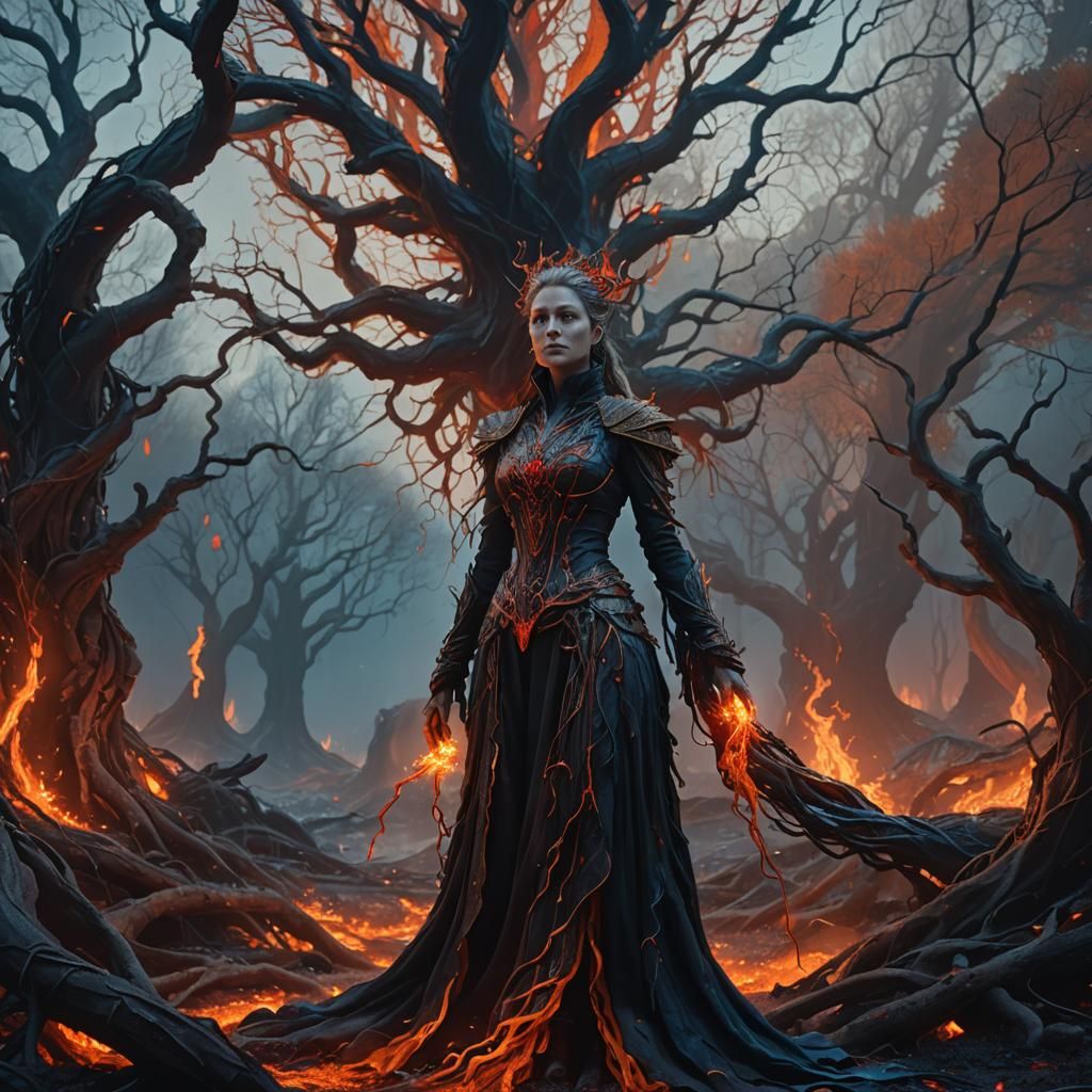 Fantasy Woman Amidst Twisted Roots and Embers