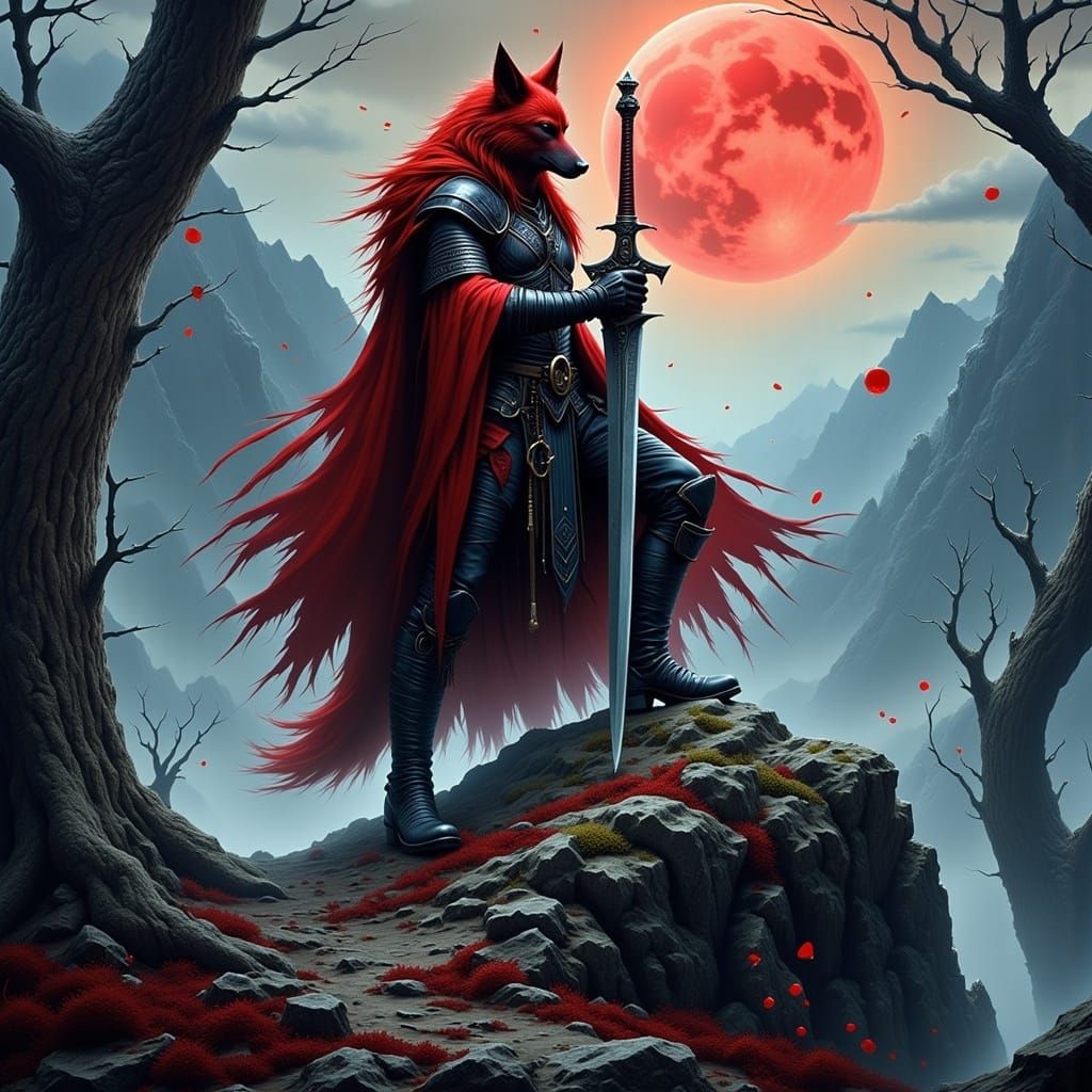 Red Wolf Warrior on Mountain Peak