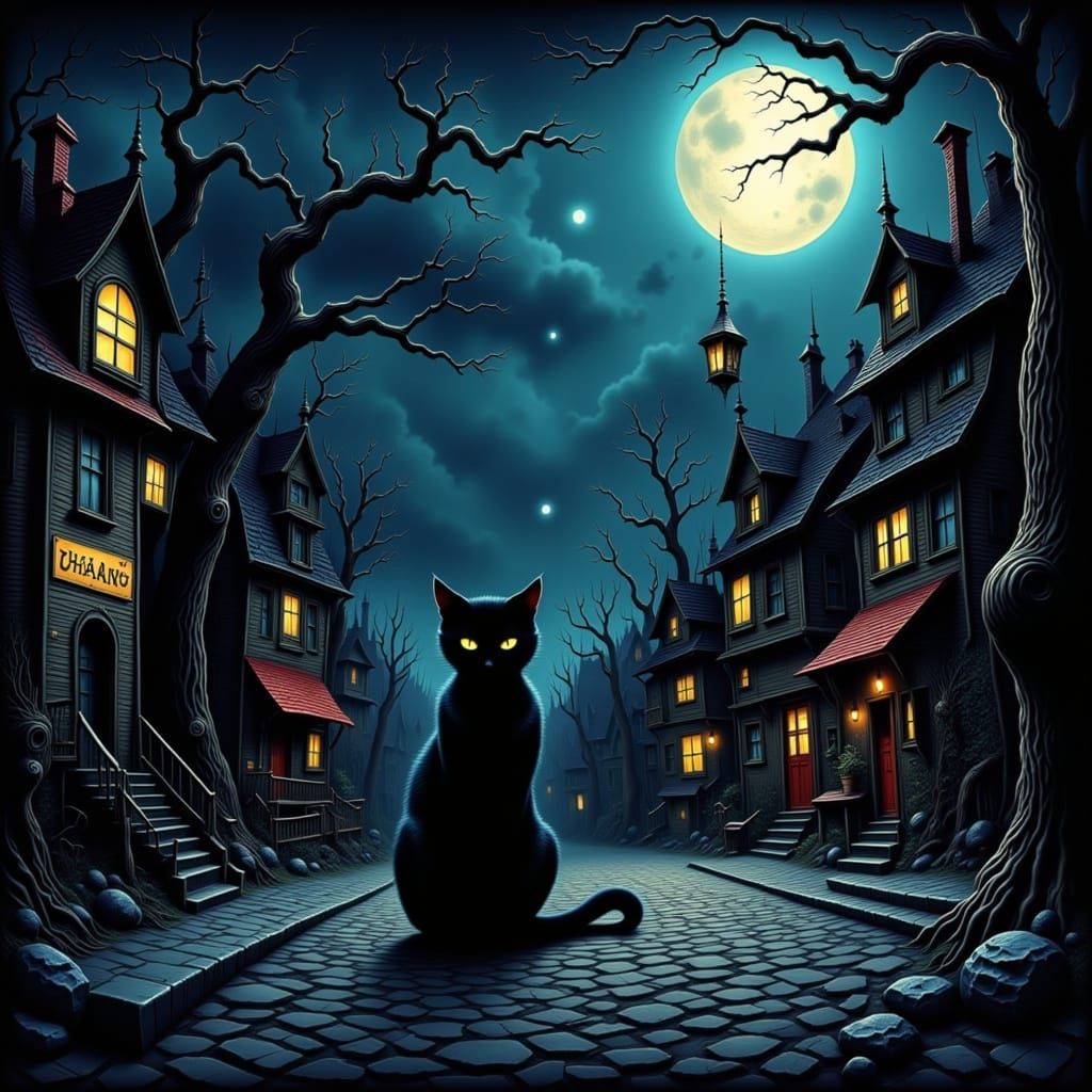 Moonlit Alley Cat in a Cityscape
