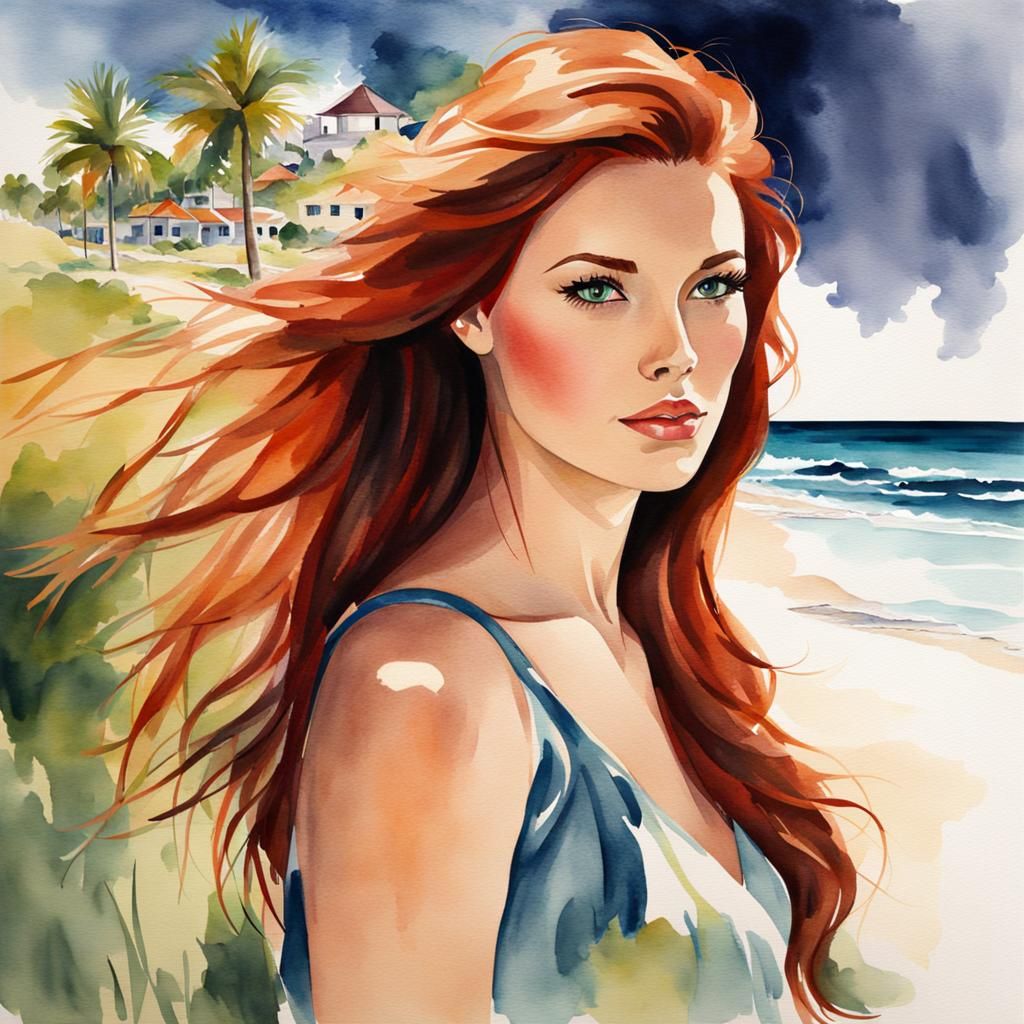 Auburn Beauty: A Vivid Watercolor Beach Portrait