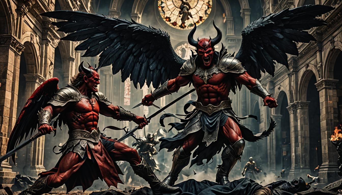 Devil and Angel Battle: Hyperrealistic HDR Image