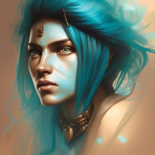Turquoise Haired Warrior: Detailed Digital Portrait