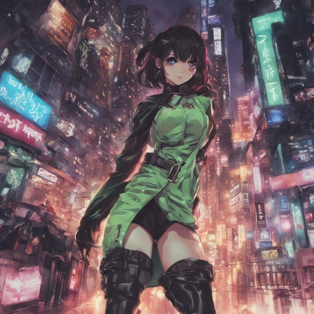 Anime Girl in Latex in Neon Cityscape