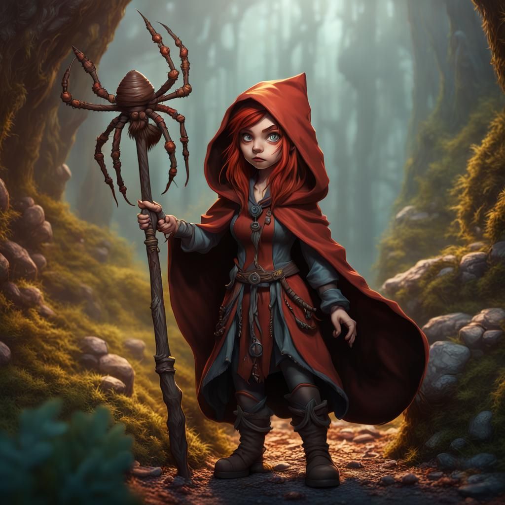 Gnome Warlock with Giant Spider, Detailed Matte Painting