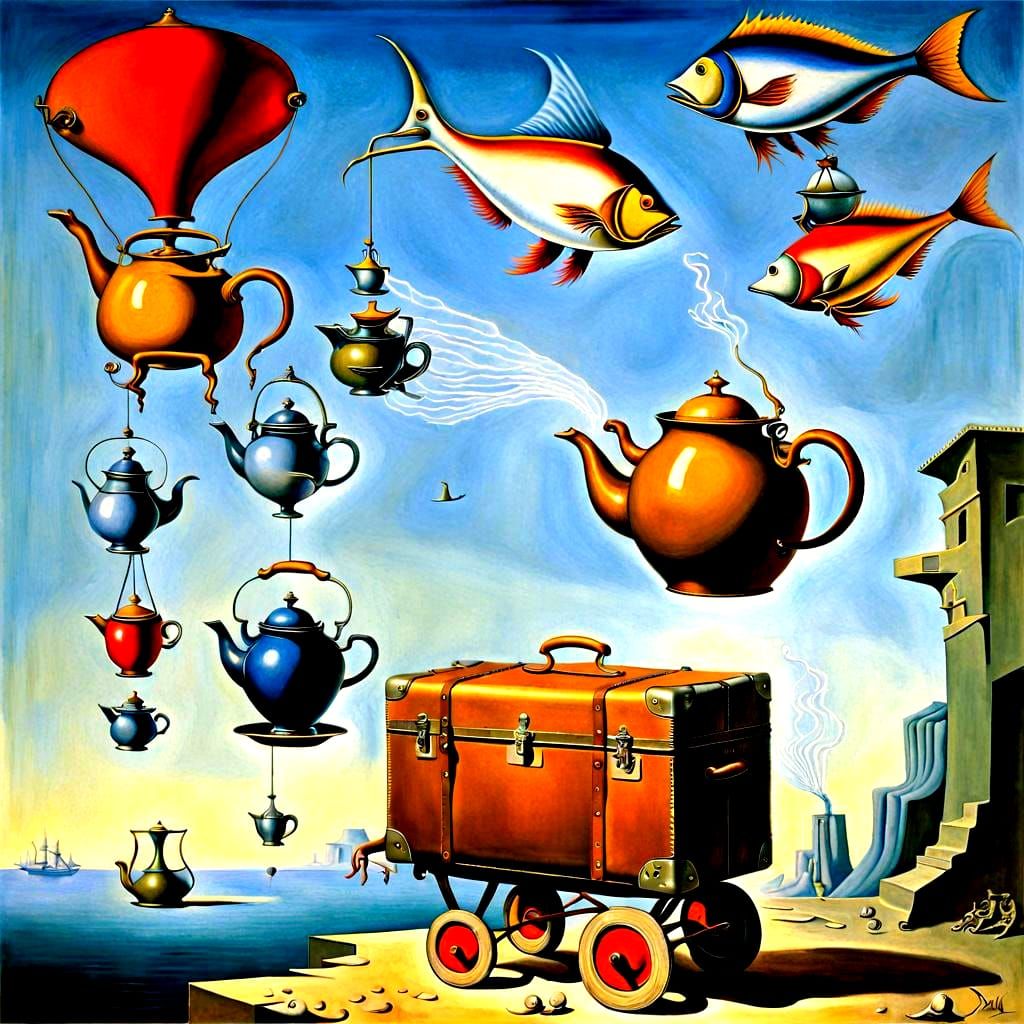Vibrant Surrealist Scene with Flying Fish and Monkeys