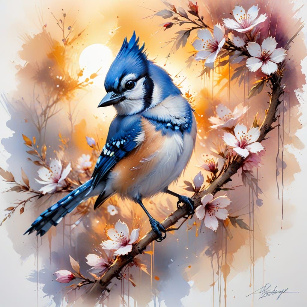 Bluejay on Blossom Branch in Watercolour Style