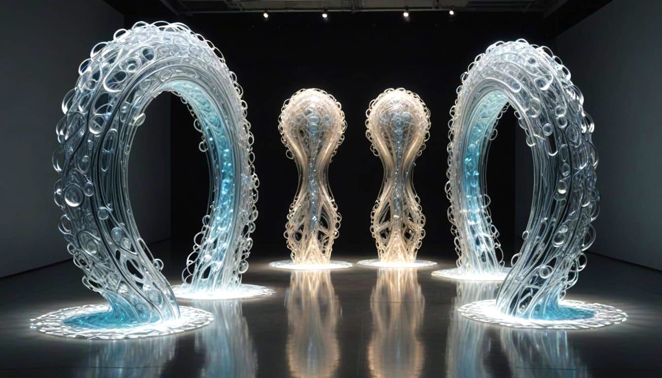 Quantum Human Sculptures Shimmering with Shifting Forms