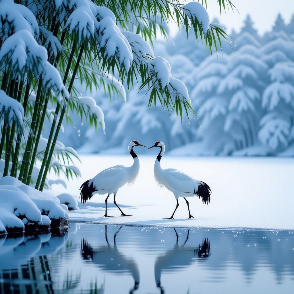 Elegant White Cranes Dance in Snowy Bamboo Grove