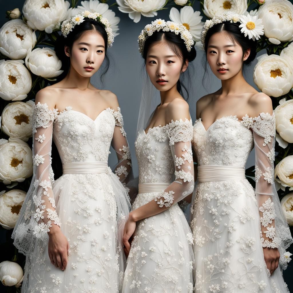 Elegant Japanese Sisters in Floral Wedding Dresses