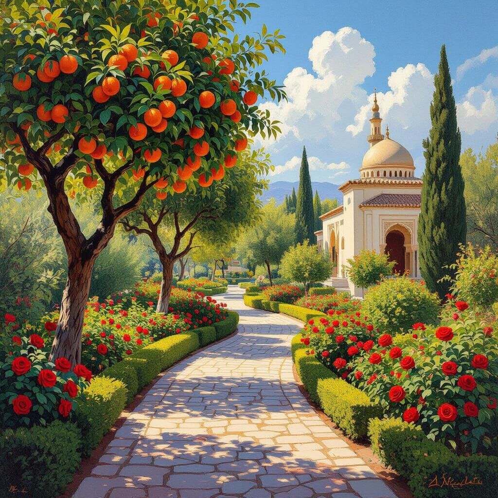 Andalusian Garden with Mosque in Expressive Painting Style