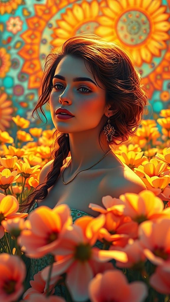 Josephine Wall-inspired woman in a field of flowers. Surreal...