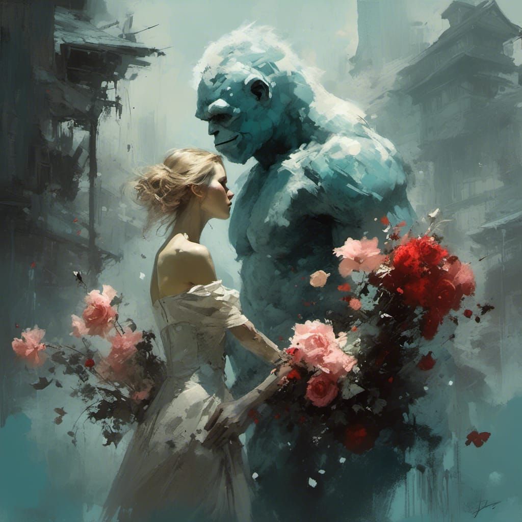 Valentine and Abominable Snowman Exchanging Gifts as Digital...