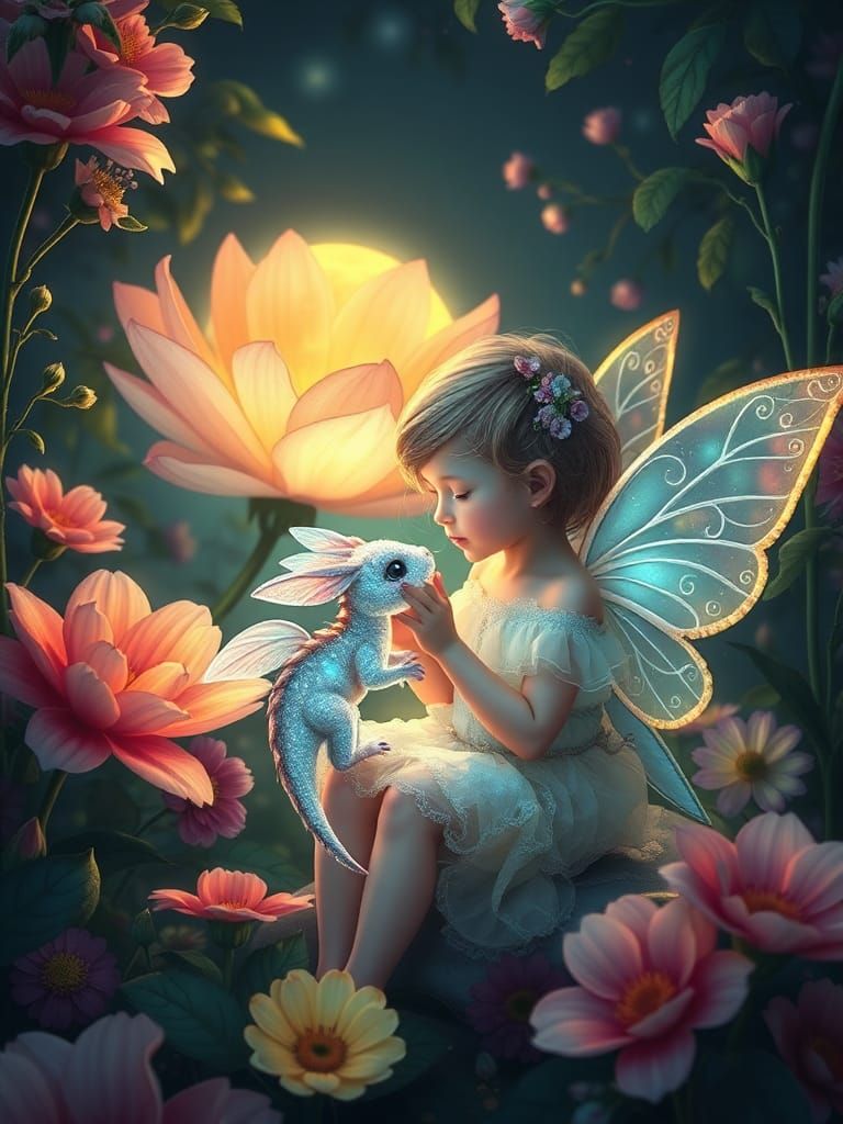 Moonlit Garden Fairy with Dragon in Fantasy Art Style