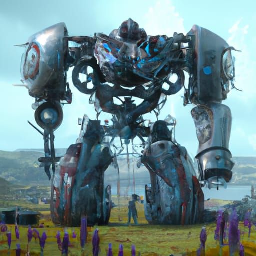 Giant Robot Battle in Grayscale, Detailed Matte Painting