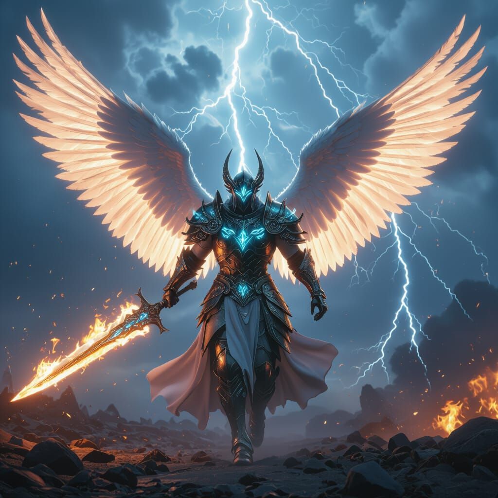 Epic Angelic Warrior Charging with Fiery Wings