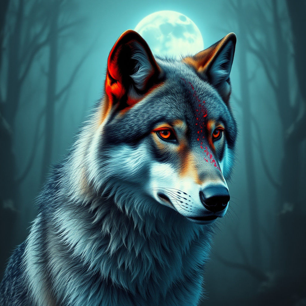 Wolf with Red and Blue Face in Misty Forest