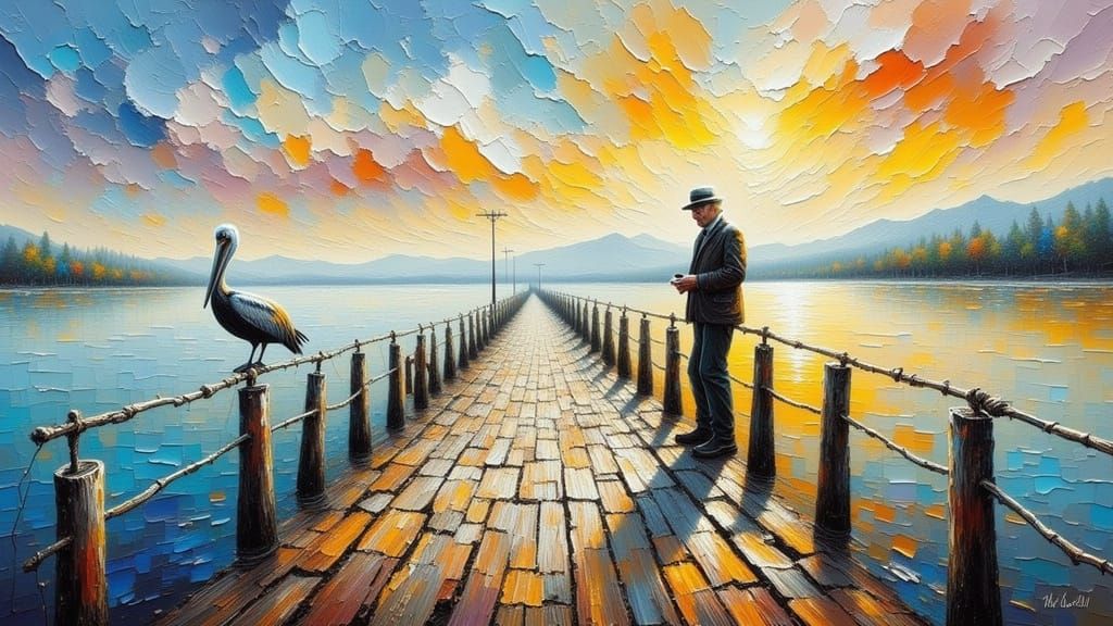 Old Man and Pelican on Pier in Impasto Style