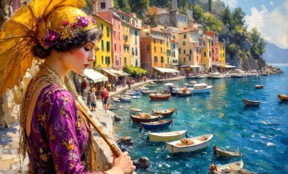 Klimt-Inspired Woman Overlooks Italian Fishing Village