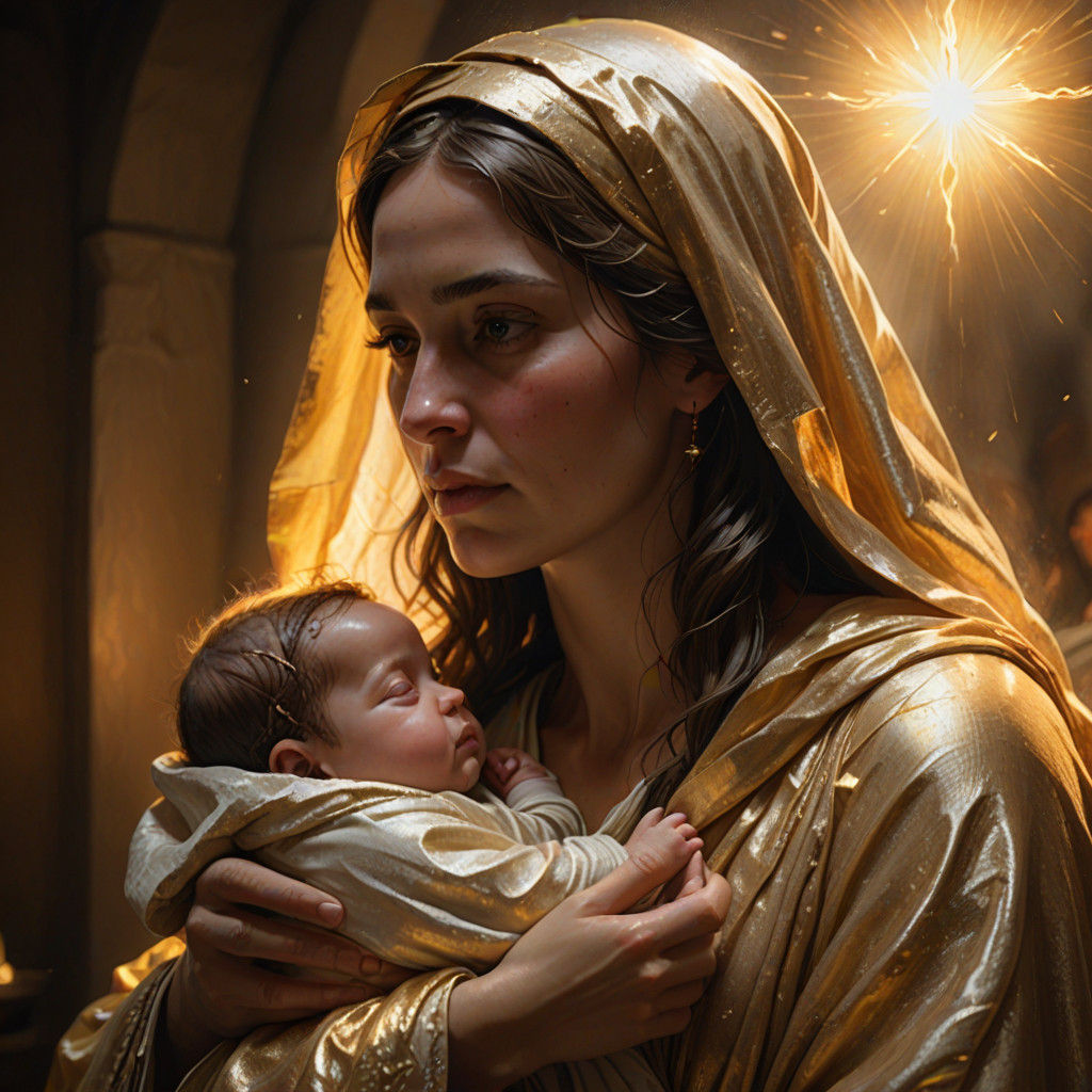 Mary's First Glimpse of Baby Jesus in Warm, Vivid Light