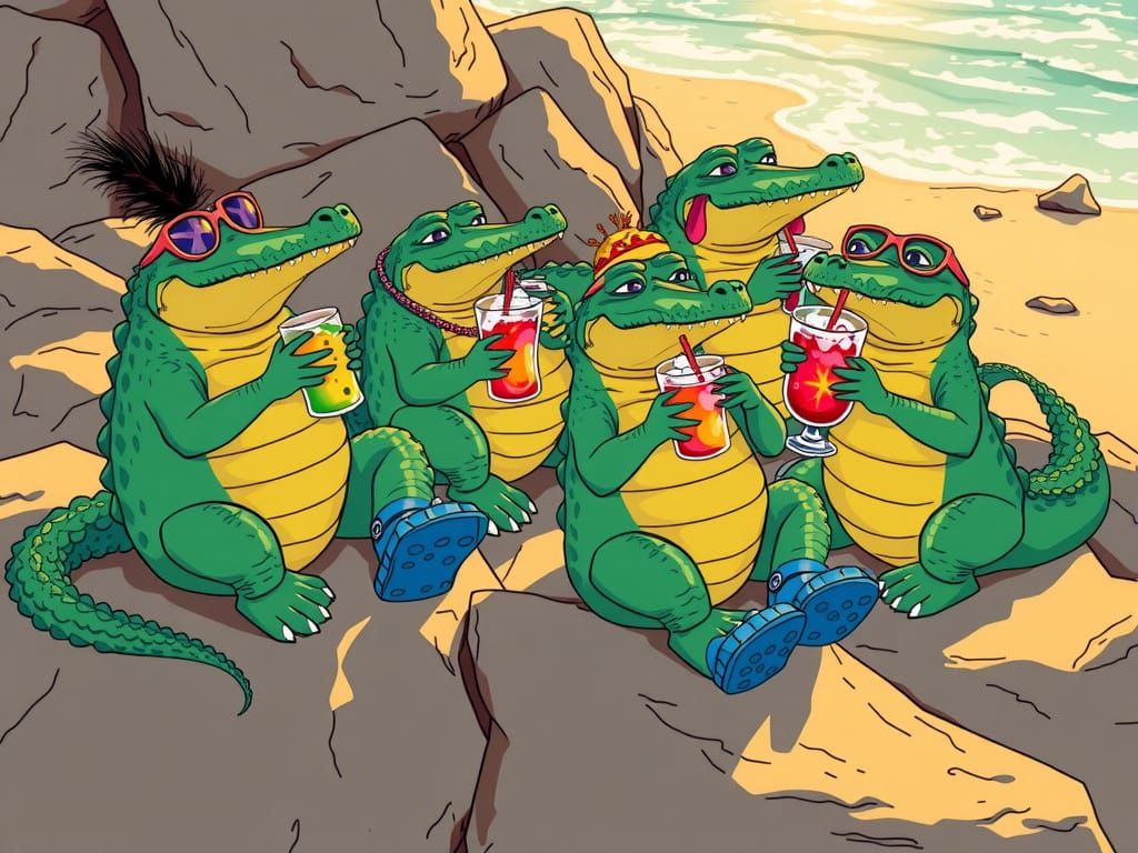 Crocodiles Sipping Drinks on Beach Rocks in Comic Art